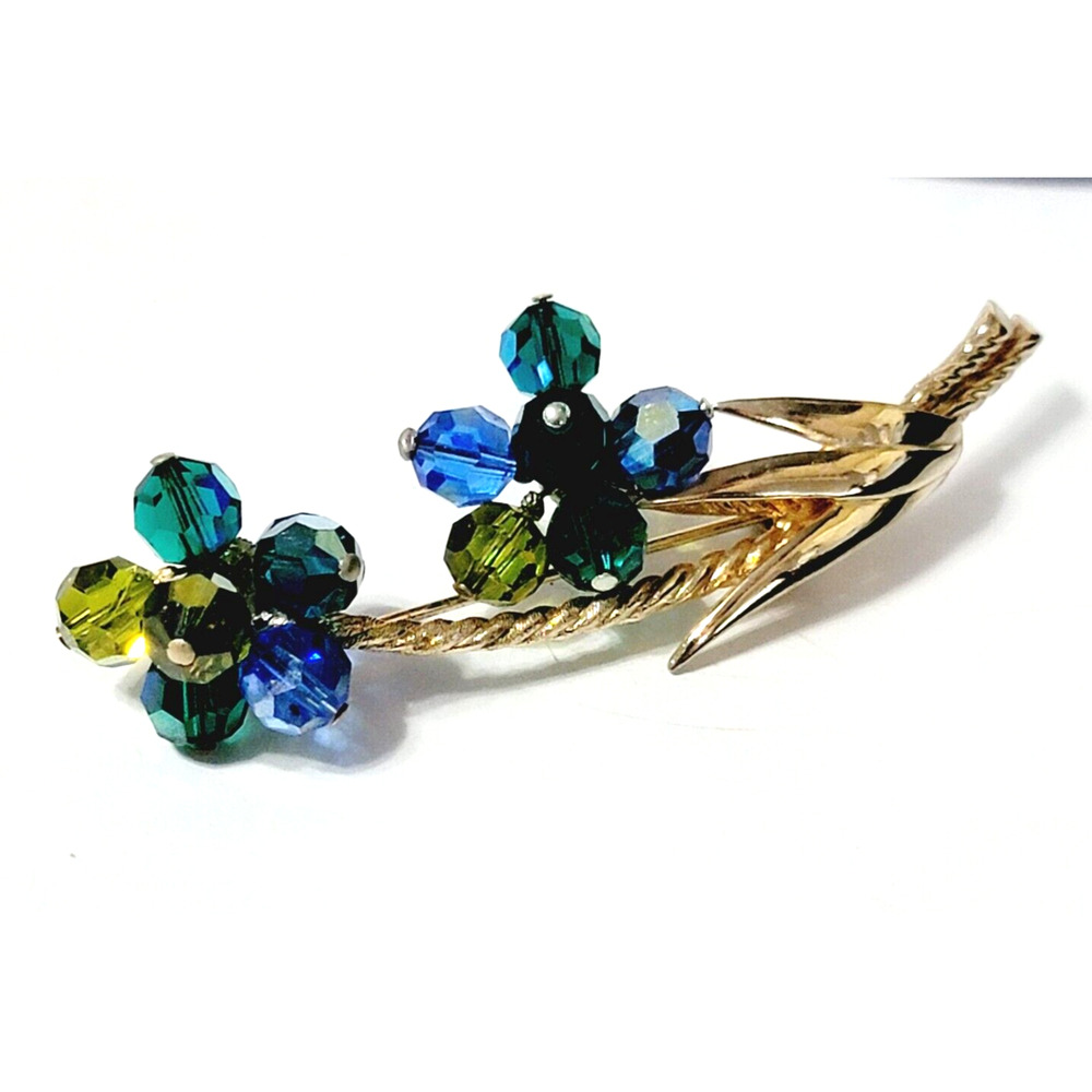 Vintage Flower Brooch Pin, Blue Green Glass, Gold-tone metal 3" fb1-77